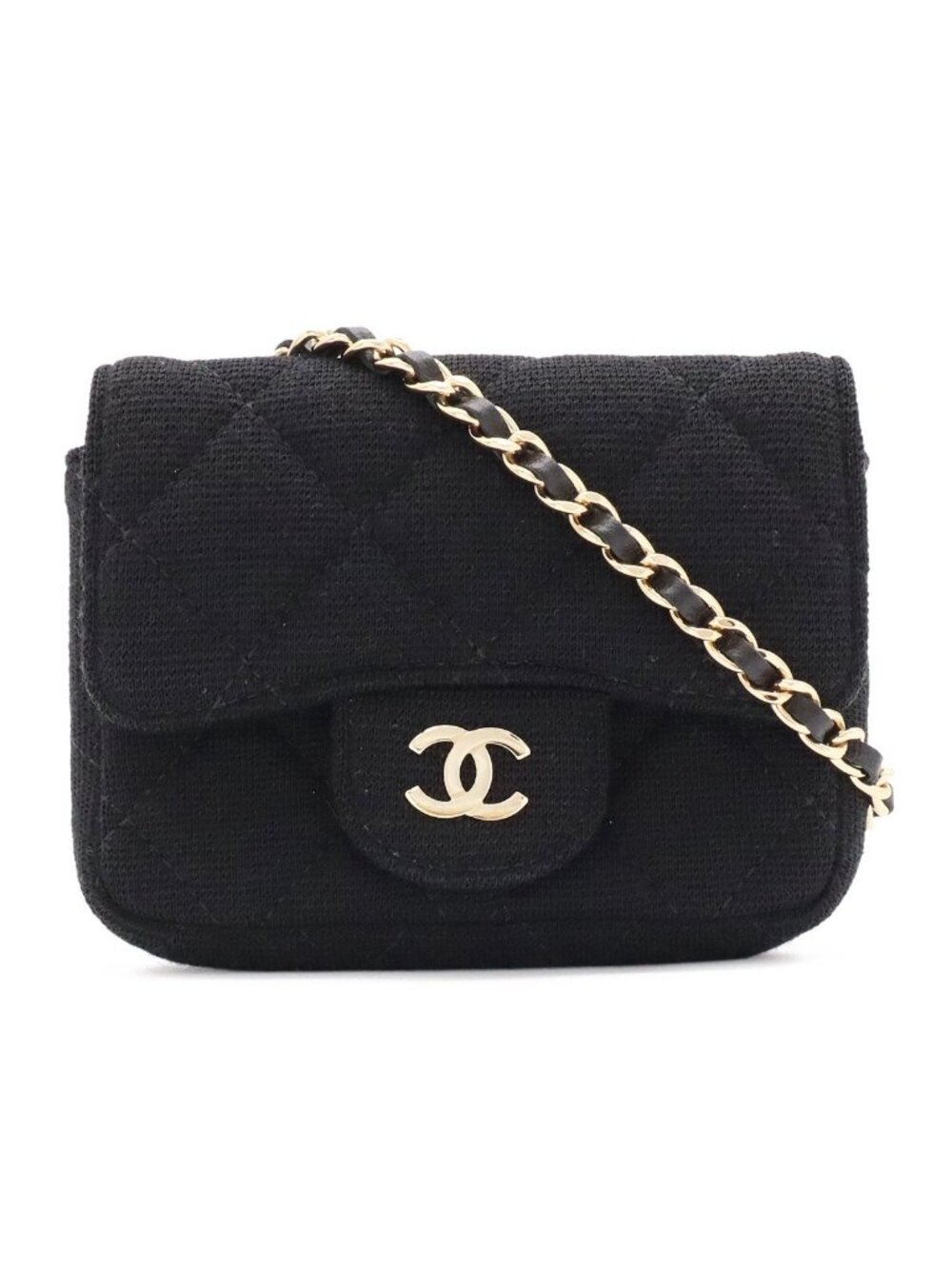 Chanel Mini Quilted Chain Shoulder Bag Pouch Pochette Cotton Jersey Black Gold